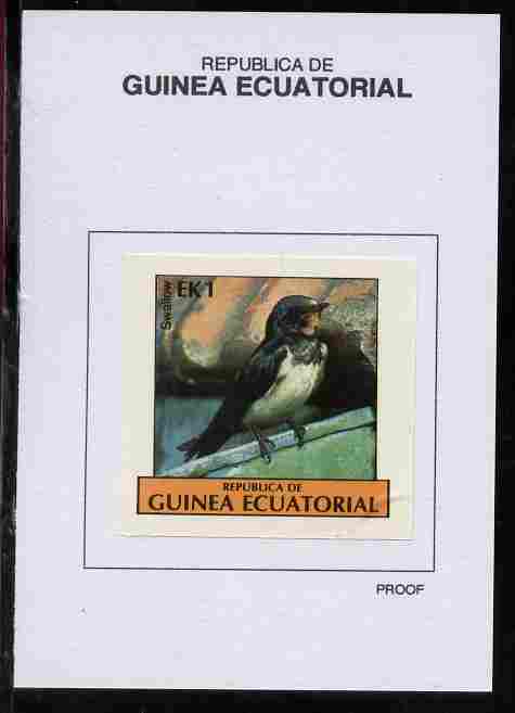 Equatorial Guinea 1977 Birds 1EK Swallow proof in issued colours mounted on small card - as Michel 1205, stamps on birds, stamps on swallows