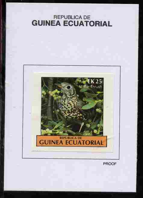 Equatorial Guinea 1977 Birds 25EK Mistle Thrush proof in issued colours mounted on small card - as Michel 1209, stamps on birds, stamps on thrush