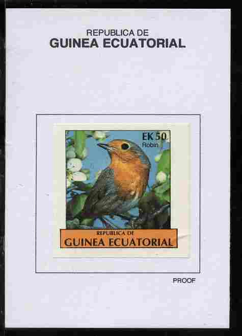 Equatorial Guinea 1977 Birds 50EK Robin proof in issued colours mounted on small card - as Michel 1210, stamps on birds, stamps on robin