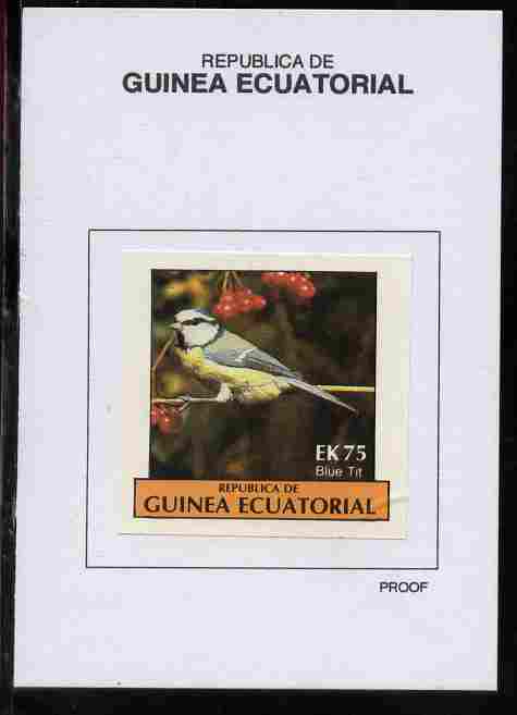 Equatorial Guinea 1977 Birds 75EK Blue Tit proof in issued colours mounted on small card - as Michel 1211, stamps on birds, stamps on tits, stamps on blue tit