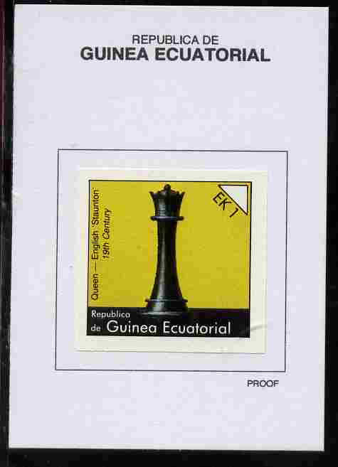 Equatorial Guinea 1976 Chessmen 1EK Queen (English Staunton) proof in issued colours mounted on small card - as Michel 956, stamps on chess