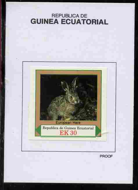 Equatorial Guinea 1977 European Animals 30EK European Hare proof in issued colours mounted on small card - as Michel 1142, stamps on animals, stamps on hares