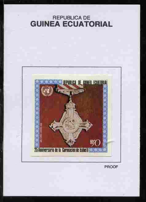 Equatorial Guinea 1978 Coronation 25th Anniversary (Medals) 50EK Air Force Cross 1918 proof in issued colours mounted on small card - as Michel 1391, stamps on militaria, stamps on medals, stamps on royalty, stamps on coronation, stamps on  raf , stamps on  royal air force, stamps on 