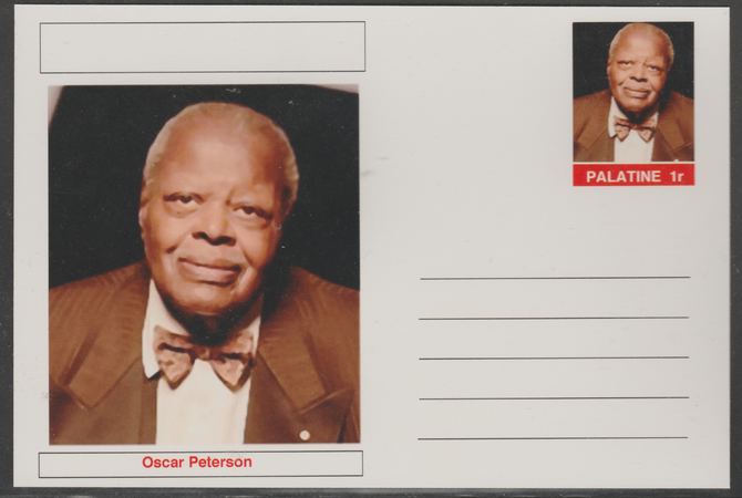 Palatine (Fantasy) Personalities - Oscar Peterson postal stationery card unused and fine, stamps on personalities, stamps on piano, stamps on music, stamps on jazz