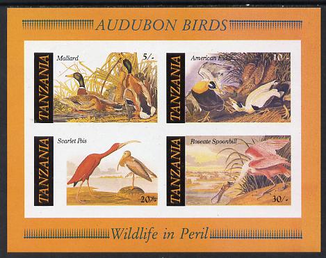 Tanzania 1986 John Audubon Birds m/sheet imperf (as SG MS 468) unmounted mint, stamps on , stamps on  stamps on audubon, stamps on birds, stamps on ducks, stamps on mallard    eider   ibis    spoonbill