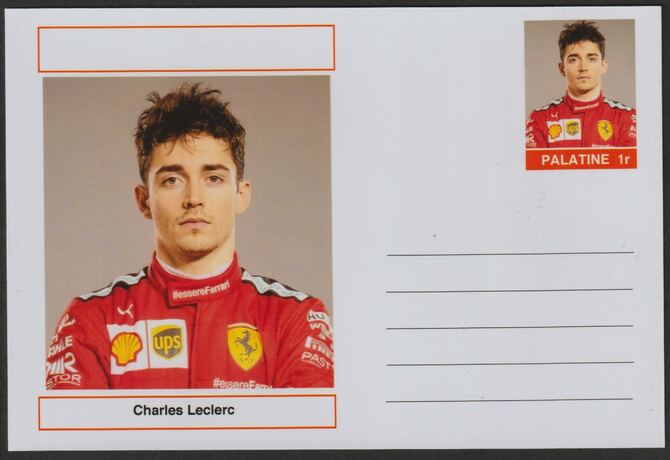 Palatine (Fantasy) Personalities - Charles Leclerc (F1) glossy postal stationery card unused and fine, stamps on personalities, stamps on sport, stamps on formula 1, stamps on  f1 , stamps on cars