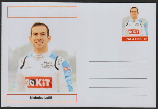 Palatine (Fantasy) Personalities - Nicholas Latifi (F1) glossy postal stationery card unused and fine, stamps on personalities, stamps on sport, stamps on formula 1, stamps on  f1 , stamps on cars