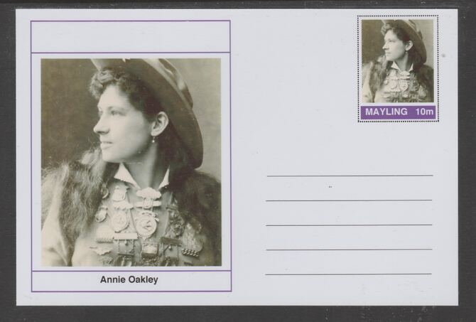 Mayling (Fantasy) Wild West - Annie Oakley glossy postal stationery card unused and fine, stamps on personalities, stamps on wild west