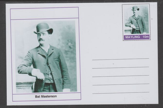 Mayling (Fantasy) Wild West - Bat Masterson glossy postal stationery card unused and fine, stamps on personalities, stamps on wild west