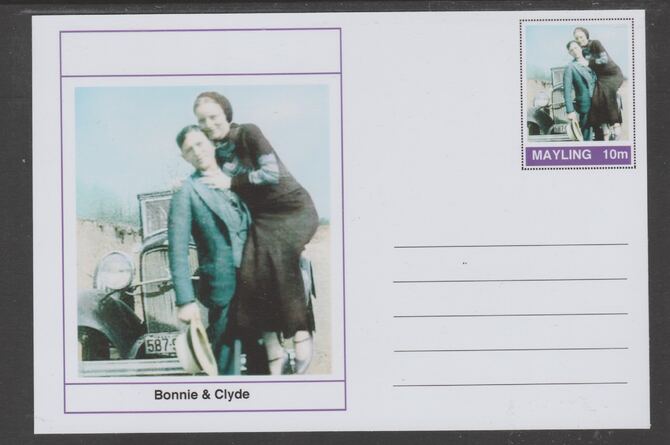 Mayling (Fantasy) Wild West - Bonnie & Clyde glossy postal stationery card unused and fine, stamps on personalities, stamps on wild west