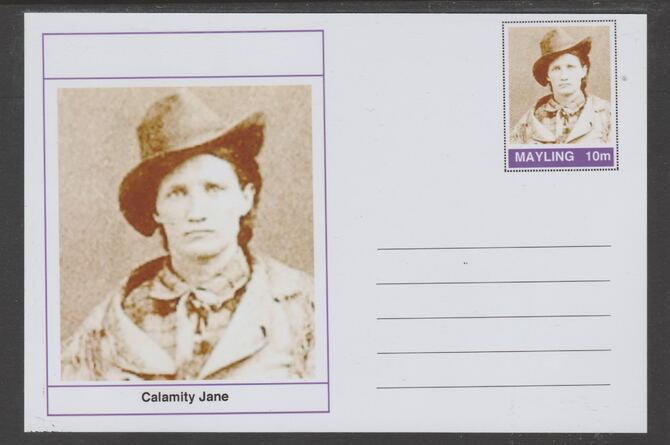 Mayling (Fantasy) Wild West - Calamity Jane glossy postal stationery card unused and fine, stamps on personalities, stamps on wild west