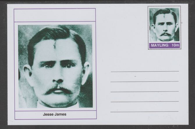 Mayling (Fantasy) Wild West - Jesse James glossy postal stationery card unused and fine, stamps on personalities, stamps on wild west