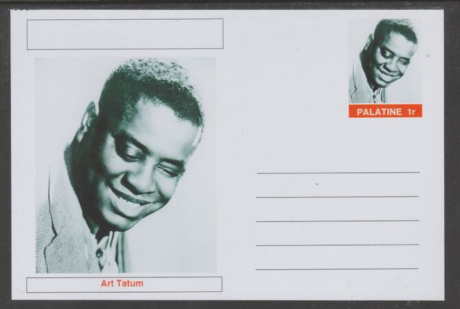 Palatine (Fantasy) Personalities - Art Tatum glossy postal stationery card unused and fine, stamps on personalities, stamps on music, stamps on jazz
