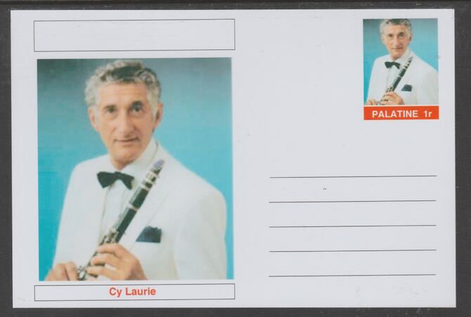 Palatine (Fantasy) Personalities - Cy Laurie glossy postal stationery card unused and fine, stamps on personalities, stamps on music, stamps on jazz