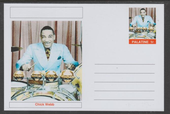 Palatine (Fantasy) Personalities - Chick Webb glossy postal stationery card unused and fine, stamps on personalities, stamps on music, stamps on jazz
