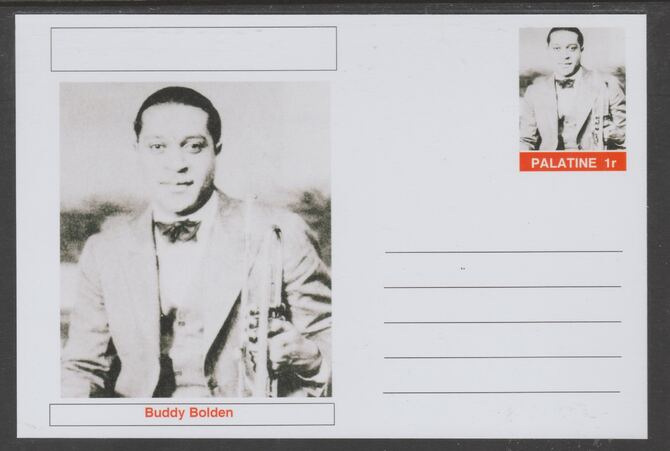 Palatine (Fantasy) Personalities - Buddy Bolden glossy postal stationery card unused and fine, stamps on personalities, stamps on music, stamps on jazz