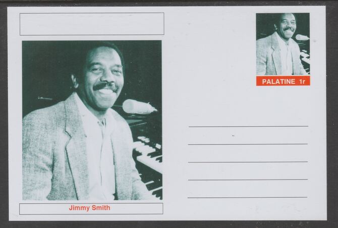 Palatine (Fantasy) Personalities - Jimmy Smith glossy postal stationery card unused and fine, stamps on personalities, stamps on music, stamps on jazz