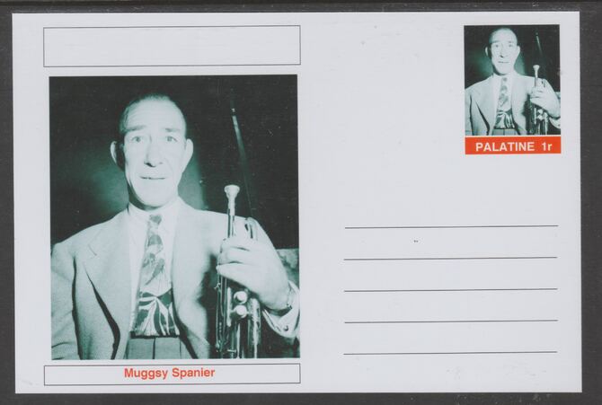 Palatine (Fantasy) Personalities - Muggsy Spanier glossy postal stationery card unused and fine, stamps on personalities, stamps on music, stamps on jazz