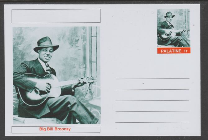 Palatine (Fantasy) Personalities - Big Bill Broonzy glossy postal stationery card unused and fine, stamps on personalities, stamps on music, stamps on blues