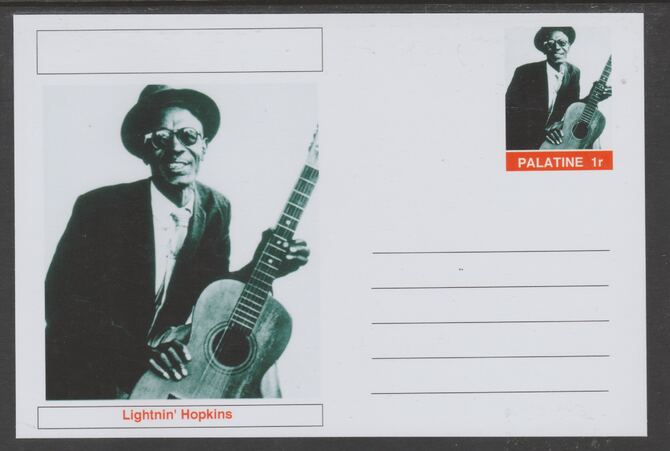 Palatine (Fantasy) Personalities - Lightnin' Hopkins glossy postal stationery card unused and fine, stamps on personalities, stamps on music, stamps on blues
