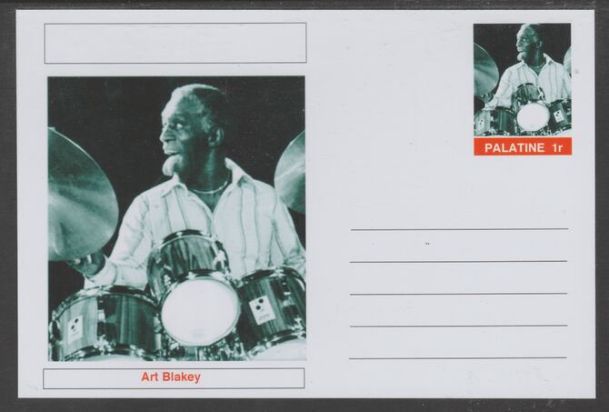 Palatine (Fantasy) Personalities - Art Blakey glossy postal stationery card unused and fine, stamps on personalities, stamps on music, stamps on jazz