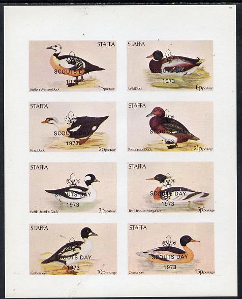Staffa 1973 Ducks imperf  set of 8 values optd Scouts Day 1973 (1p to 15p) unmounted mint, stamps on birds     scouts      ducks