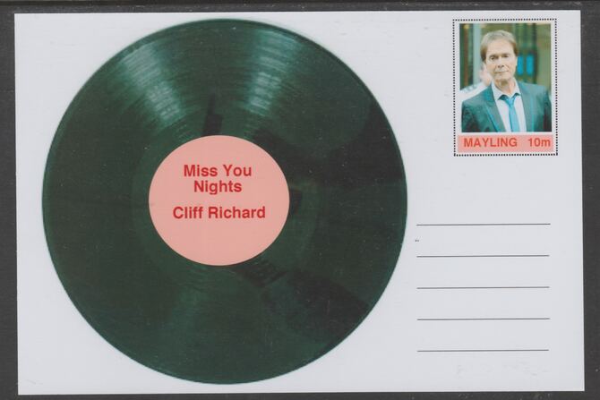 Mayling (Fantasy) Greatest Hits - Cliff Richard - Miss You Nights - glossy postal stationery card unused and fine, stamps on , stamps on  stamps on personalities, stamps on  stamps on music, stamps on  stamps on pops, stamps on  stamps on rock, stamps on  stamps on 
