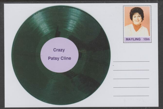 Mayling (Fantasy) Greatest Hits - Patsy Cline - Crazy - glossy postal stationery card unused and fine, stamps on personalities, stamps on music, stamps on pops, stamps on rock, stamps on 