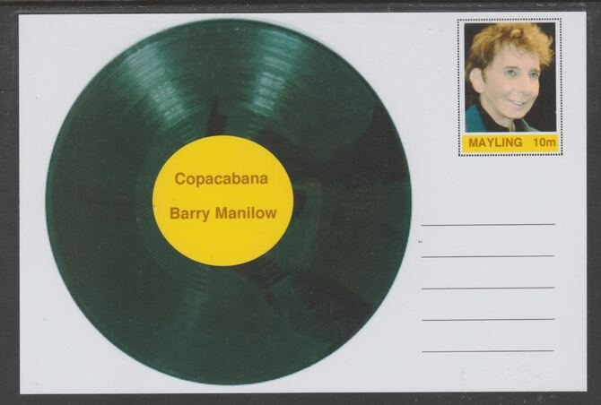 Mayling (Fantasy) Greatest Hits - Barry Manilow - Copacabana - glossy postal stationery card unused and fine, stamps on personalities, stamps on music, stamps on pops, stamps on 