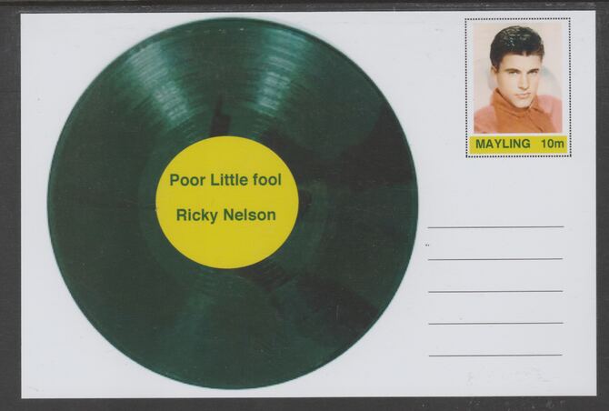 Mayling (Fantasy) Greatest Hits - Ricky Nelson - Poor Little Fool - glossy postal stationery card unused and fine, stamps on personalities, stamps on music, stamps on pops, stamps on 