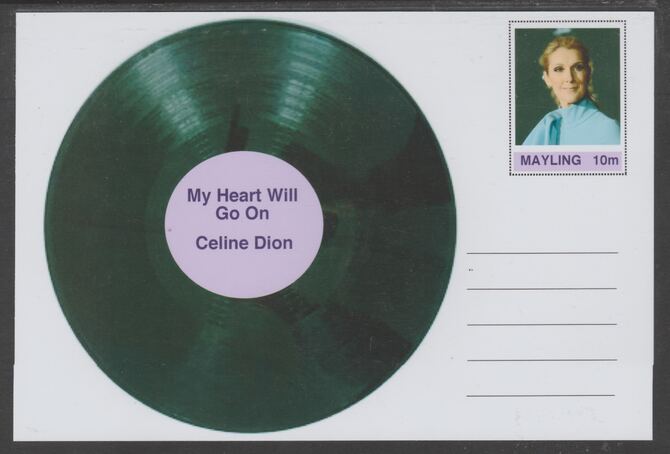 Mayling (Fantasy) Greatest Hits - Celine Dion - My Heart Will Go On - glossy postal stationery card unused and fine, stamps on personalities, stamps on music, stamps on pops, stamps on 