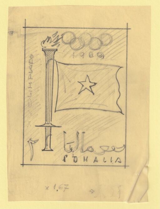 Somalia 1960 Olympic Games 5c Flame & Flag Original artwork rough essay on tracing paper by Corrado Mancioli image size 90 x 120 mm similar to SG360, stamps on olympics, stamps on flags