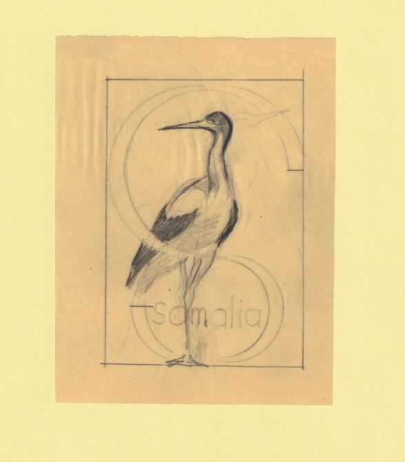 Somalia 1959 Water Birds Original artwork rough essay on tracing paper showing bird in S emblem image size 70 x 100 mm as SG 334-339 series (96041), stamps on birds