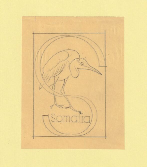 Somalia 1959 Water Birds Original artwork rough essay on tracing paper showing bird in S emblem image size 70 x 100 mm as SG 334-339 series (96042), stamps on birds