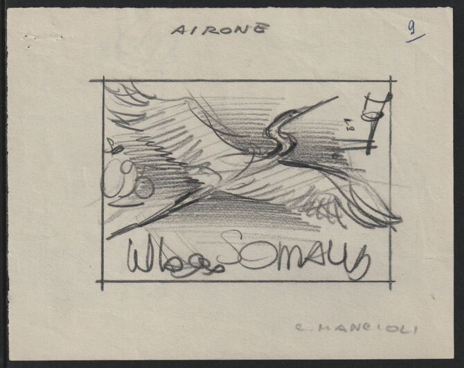 Somalia 1959 Water Birds - Heron Original artwork on white paper by Corrado Mancioli image size 92 x 65 mm , stamps on birds
