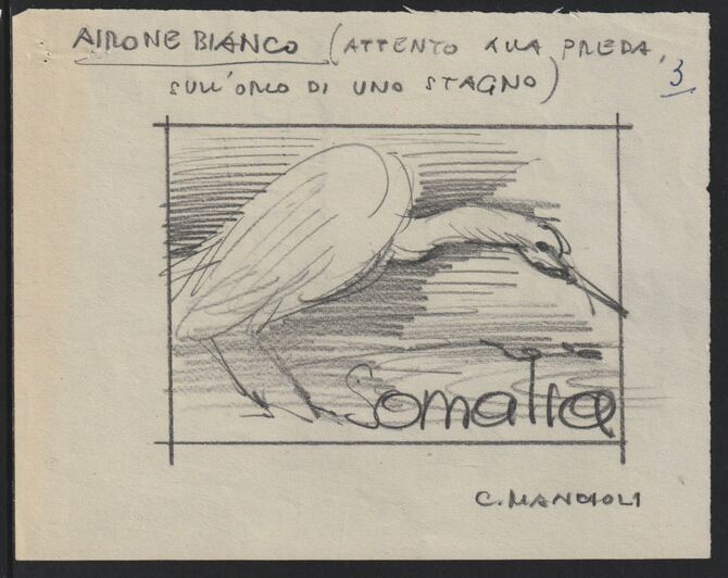 Somalia 1959 Water Birds - White Heron Original artwork on white paper by Corrado Mancioli image size 92 x 65 mm , stamps on birds