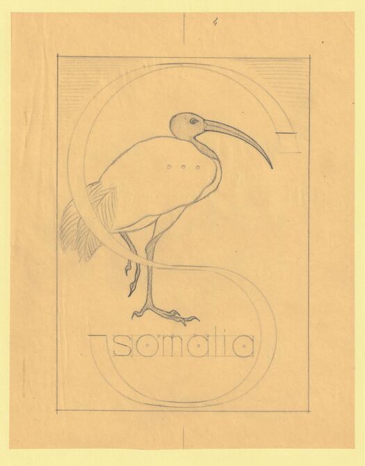 Somalia 1959 Water Birds Original artwork rough essay on tracing paper showing bird in S emblem image size 145 x 200 mm as SG 334-339 series (96060), stamps on birds