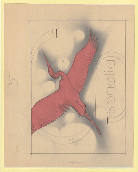 Somalia 1959 Water Birds Original artwork essay on thin card with bird design cut away and backed with red card with bird in S emblem as overlay image size 200 x 145 mm a..., stamps on birds