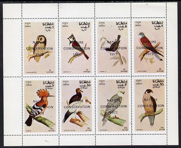 Oman 1972 Birds (Owl, Falcon, Kestrel, Marsh Tit etc) perf  set of 8 values (1b to 25b) optd Nature Conservation 1973 unmounted mint, stamps on birds, stamps on owls, stamps on falcons, stamps on birds of prey