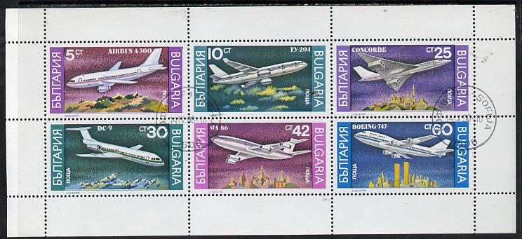 Bulgaria 1990 Airplanes cto sheetlet containing set of 6, SG 3705-10 (Mi 3858-63), stamps on aviation          concorde