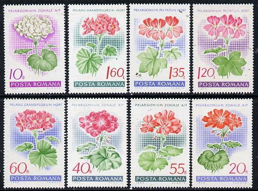 Rumania 1968 Garden Geraniums set of 8 unmounted mint, SG 3563-70, Mi 2686-93, stamps on flowers, stamps on scots, stamps on scotland