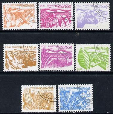 Nicaragua 1983 Agrarian Reform cto set of 8 (various products inscribed 1983) SG 2536-43*, stamps on food    agriculture   tobacco   textiles    farming    fruit    cotton    cattle    maize     grain    rice    coffee, stamps on bananas