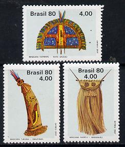 Brazil 1980 Indian Art (Ritual Masks) set of 3 unmounted mint, SG 1837-39*, stamps on arts, stamps on artefacts, stamps on masks, stamps on cultures