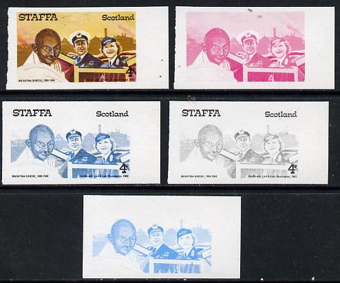 Staffa 1979 Gandhi 4p (with Lord & Lady Mountbatten) set of 5 imperf progressive colour proofs comprising 3 individual colours (red, blue & yellow) plus 2 and all 4-colou..., stamps on personalities       militaria    gandhi, stamps on  law , stamps on 