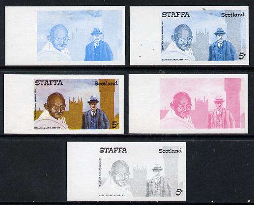 Staffa 1979 Gandhi 5p (with Ramsay MacDonald) set of 5 imperf progressive colour proofs comprising 3 individual colours (red, blue & yellow) plus 2 and all 4-colour compo..., stamps on personalities       constitutions    gandhi, stamps on  law , stamps on , stamps on scots, stamps on scotland
