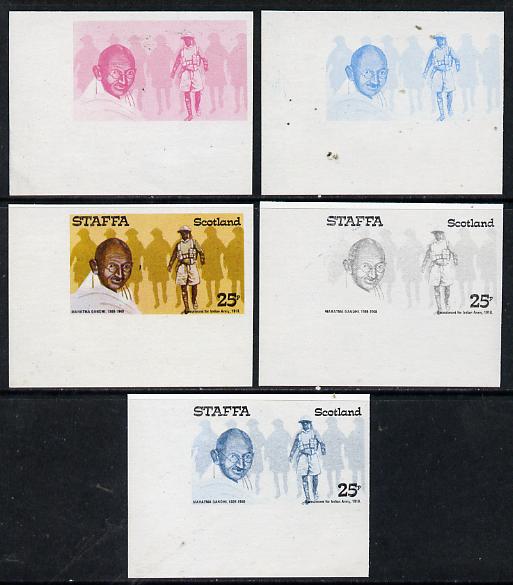 Staffa 1979 Gandhi 25p (Indian Army) set of 5 imperf progressive colour proofs comprising 3 individual colours (red, blue & yellow) plus 2 and all 4-colour composites unm..., stamps on personalities       militaria    gandhi, stamps on  law , stamps on 