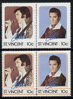 St Vincent 1985 Elvis Presley (Leaders of the World) 10c se-tenant reprint proof pair with orange (frame) omitted plus normal pair unmounted mint, as SG 919a, stamps on music     personalities        elvis  entertainments     films    cinema