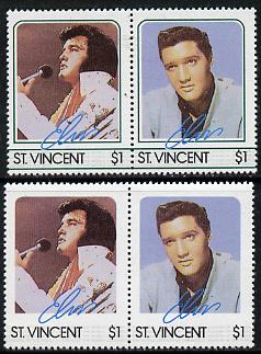 St Vincent 1985 Elvis Presley (Leaders of the World) $1 se-tenant reprint proof pair with blue-green (frame) omitted plus normal pair unmounted mint, as SG 923a, stamps on music     personalities        elvis  entertainments     films    cinema