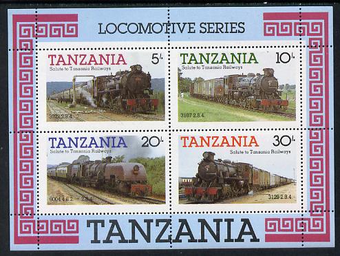 Tanzania 1985 Railways (1st Series) m/sheet containing 4 vals (SG MS 434) unmounted mint., stamps on railways, stamps on big locos