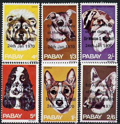 Pabay 1970 Dogs perf set of 6 each opt'd in error '6th Anniversary of Death of Sir Winston Churchill' unmounted mint, stamps on animals, stamps on dogs, stamps on whippet, stamps on chow, stamps on  gsd , stamps on fox terrier, stamps on spaniel, stamps on personalities, stamps on churchill, stamps on death
